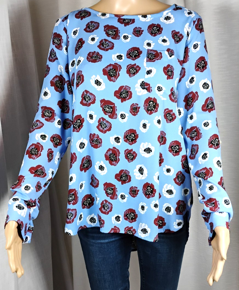 Loft Floral Crepe Blouse Roll Tab Sleeve Hi Low Flowy Top Blue Medium